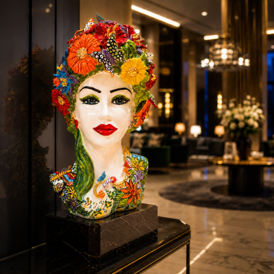 Busto de mujer, modelo primaveral, cerámica de Caltagirone, aprox. 50 x 32 cm. Esmalte en oro de 24 quilates, con aplicaciones d
