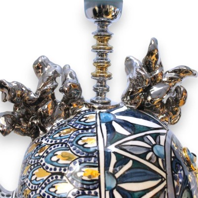 Lume Pesce Palla, ceramica Caltagirone, h 55 x 35 cm ca. Smalto Platino e Oro zecchino 24k, decoro moderno