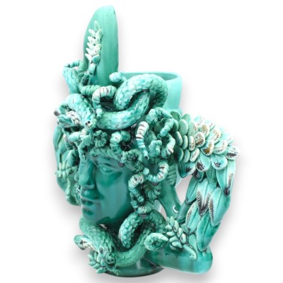 Tête de mannequin Trinacria, environ 30 x 27 cm. Céramique sicilienne richement décorée en relief, fond vert-de-gris, troisième