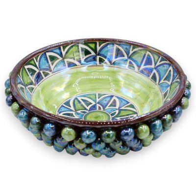 Bowl, Pigna centerpiece, Caltagirone ceramic, Ø 25 cm approx. Mother-of-pearl enamel, geometric decoration, blue / green
