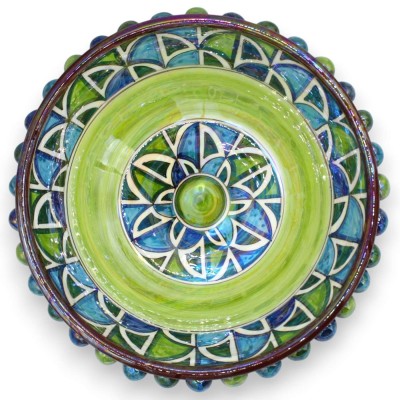 Schale, Pigna-Mittelstück, Caltagirone-Keramik, Ø ca. 25 cm. Perlmutt-Emaille, geometrisches Dekor, blau/grün