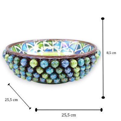 Schale, Pigna-Mittelstück, Caltagirone-Keramik, Ø ca. 25 cm. Perlmutt-Emaille, geometrisches Dekor, blau/grün