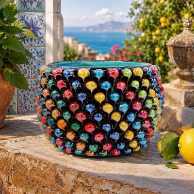 Bloempot in de vorm van een veelkleurige dennenappel, Caltagirone keramiek, Ø 20 x 15 cm ca. Parelmoer emaille MD6