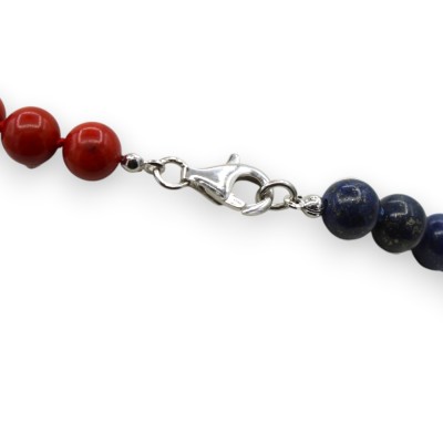 Collana Unisex Artigianale con Sfere di Lapis e sfere in Pasta di Corallo, L 50 cm ca. Chiusura e Inserto Argento 925