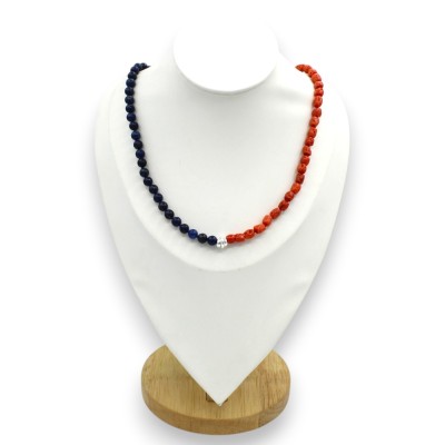 Handcrafted Necklace with Lapis and Natural Coral Spheres, Length approx. 50 cm. 925 Silver Clasp and Insert.