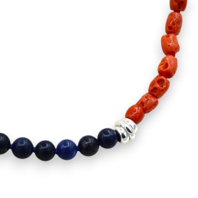 Collana Unisex Artigianale con Sfere di Lapis e Corallo Naturale, L 50 cm ca. Chiusura e Inserto Argento 925