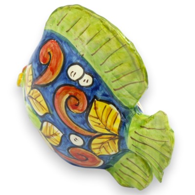 Caltagirone ceramic fish bowl, approx. 14 x 15 cm, Baroque and leaf decoration, blue and green background