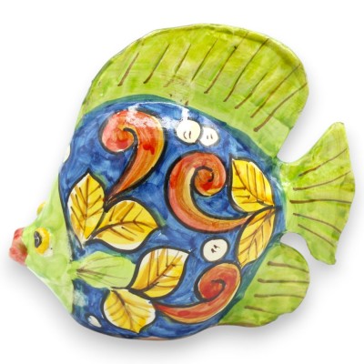 Caltagirone ceramic fish bowl, approx. 14 x 15 cm, Baroque and leaf decoration, blue and green background