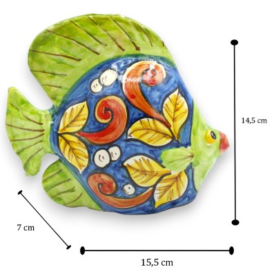 Caltagirone ceramic fish bowl, approx. 14 x 15 cm, Baroque and leaf decoration, blue and green background