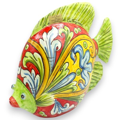 Poisson de comptoir, céramique de Caltagirone, env. 25 x 28 cm, décor baroque polychrome