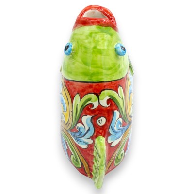 Caltagirone ceramic fish head, freestanding or hanging, approx. 18 x 15 cm, multicoloured Baroque decoration, green/red backgrou