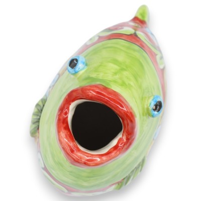 Caltagirone ceramic fish head, freestanding or hanging, approx. 18 x 15 cm, multicoloured Baroque decoration, green/red backgrou