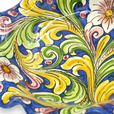 Centrotavola smerlato, ceramica Caltagirone, due opzioni misura (1Unità) Decoro floreale e barocco, fondo blu