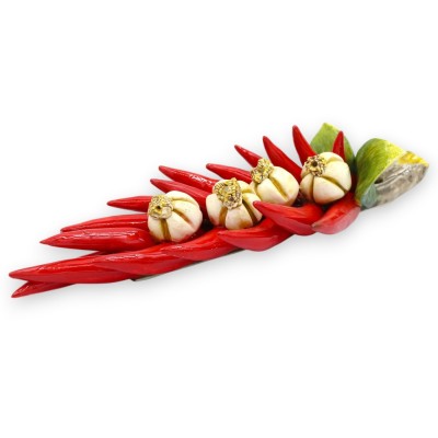 Fascio di Peperoncini e Aglio con Treccia, Pregiata ceramica h 30 x L 10 cm ca.