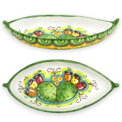 Barca Antipastiera / Vassoio, ceramica Caltagirone, Varie Misure (1Unità) decoro Pale Ficodindia, fondo verde