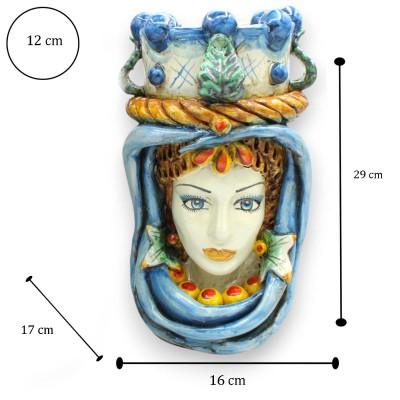 Par de cabeças mouras sicilianas em cerâmica de Caltagirone, com aproximadamente 30 cm de altura. Turbante e coroa, azuis.