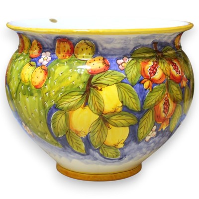 Cachepot Vaso piante, pregiata ceramica Siciliana, Ø 38 x h 32 cm ca. decoro Limoni, melograni e ficodindia, fondo blu