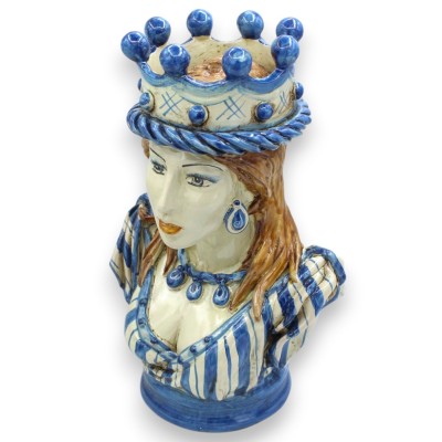 Büste mit rundem Sockel, Caltagirone-Keramik (1 Stück), ca. 30 cm hoch, mit Krone, antikblau