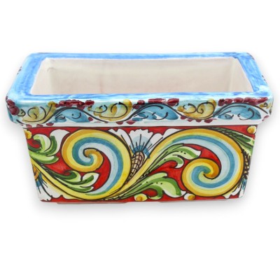 Rektangulär ask, Caltagirone keramik, L 23 x H 12 cm ca. Flerfärgad barockdekoration, ljusblå kant