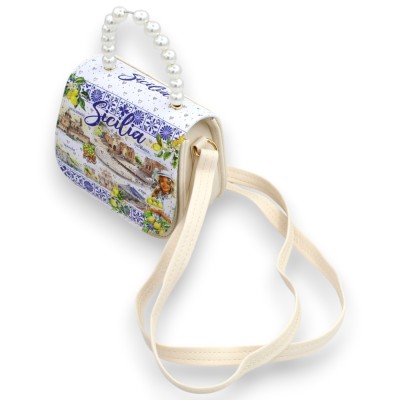 Bolsa de couro ecológico, para usar na mão ou no ombro, aprox. 18 x 13 cm (1 unidade). Estampas com motivos sicilianos.