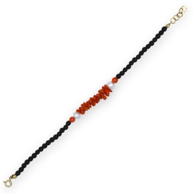 Bracciale con sfere di Onice Opaco, L 20 cm ca. Con Corallo Bambù e perle naturali