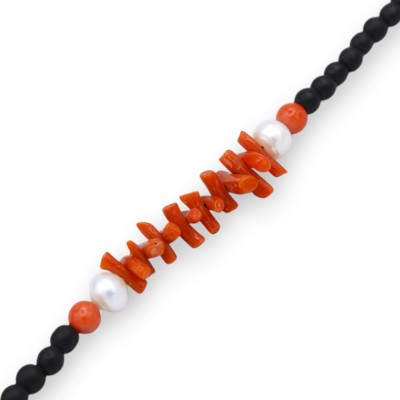 Bracciale con sfere di Onice Opaco, L 20 cm ca. Con Corallo Bambù e perle naturali