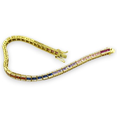 Tennis Bracelet in 925 Silver, Gold Plated, Length: Approx. 20 cm. RAINBOW Collection, Multicolored Crystals. UNISEX.