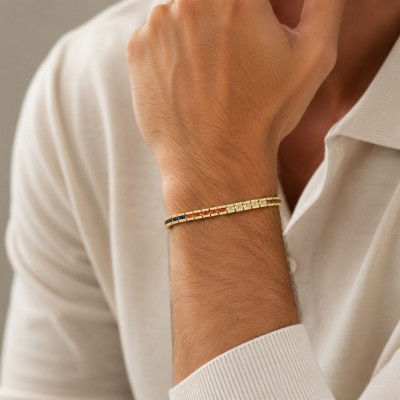 Tennisarmband van 925 zilver, verguld, lengte: ca. 20 cm. Regenboogcollectie, veelkleurige kristallen. Unisex.