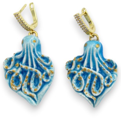 Caltagirone keramische octopus oorbellen, turkoois, ca. 6 cm hoog, met zirkonia, afgewerkt met 24-karaats goudemaille.