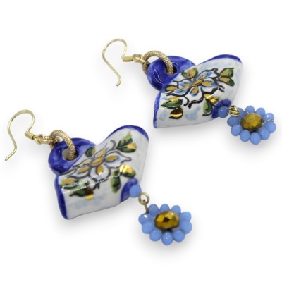 Sicilian Coffa earrings, Caltagirone ceramic, approx. 8 cm high, orange blossom decoration, crystal pendants