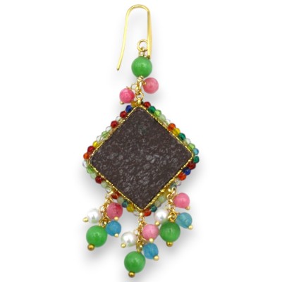 Pendientes de baldosas de piedra volcánica, con decoración floral, cristales naturales, ágata y perlas.