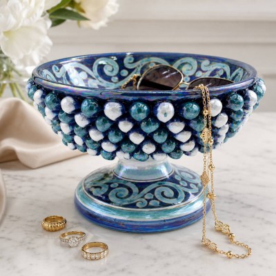 Alzata Pigna, ceramica Caltagirone, Ø 25 x 16 cm ca. Varianti del Blu, decoro Barocco, smalto madreperla