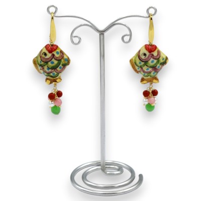 Pendientes de pez hechos a mano, de cerámica de Caltagirone, de aproximadamente 6 cm de altura, con ágata, perlas y piedras natu