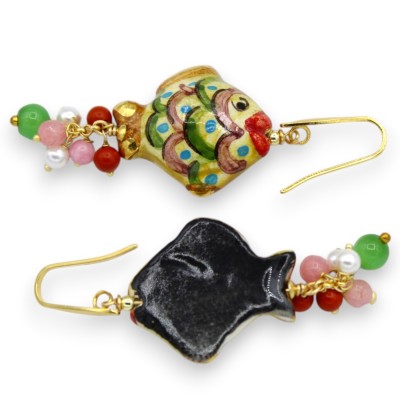 Handmade fish earrings, Caltagirone ceramic, approx. 6 cm high, with agate, pearls, and natural stones.