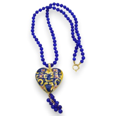 Collana Artigianale con sfere di Occhi di Gatto, L 74 + 12 cm ca. Cuore in ceramica Caltagirone e smalto oro zecchino 24k