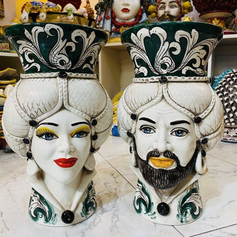 Sicilian head Norman model crown smooth vase Caltagirone ceramic height 32 cm Green color - 