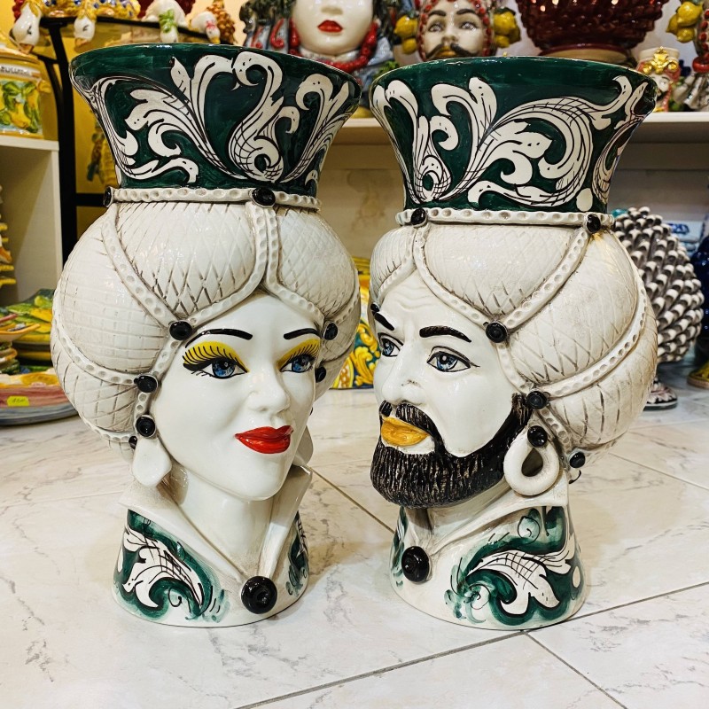 Cabeça siciliana modelo normando coroa vaso liso Cerâmica Caltagirone altura 32 cm Cor verde - 