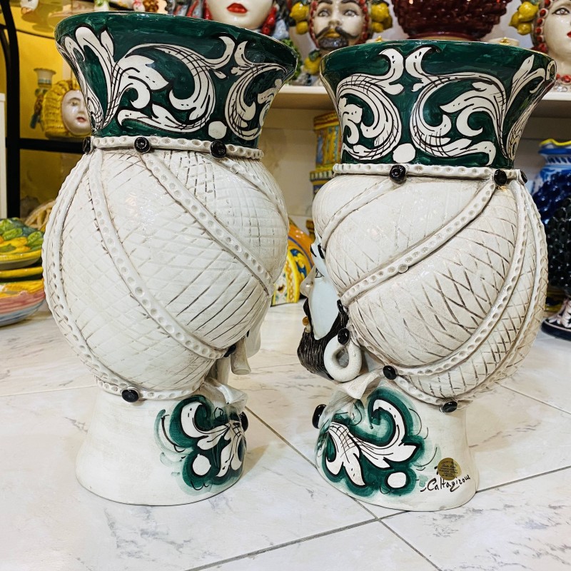 Tête sicilienne modèle normand couronne vase en céramique lisse Caltagirone hauteur 32 cm couleur Vert - 