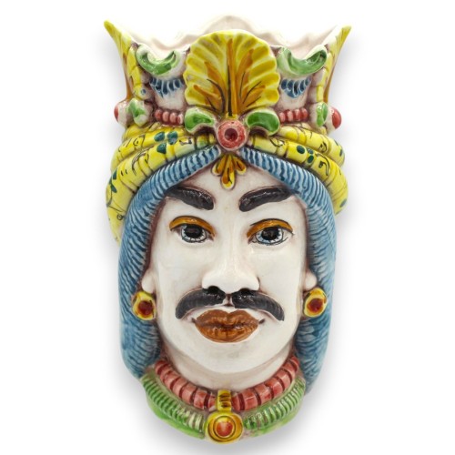 Kopf eines sizilianischen Mauren mit Krone und Turban, ca. 18 cm hoch. Keramik aus Caltagirone. Mehrfarbig, Dekoration aus dem 1