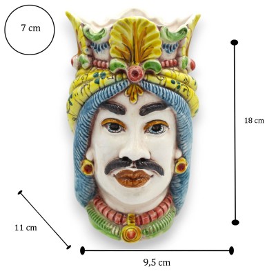 Siciliansk morhuvud, krona och turban, ca 18 cm höga. Caltagirone-keramik. Flerfärgad dekoration från 1600-talet.