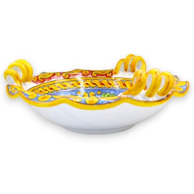 Ozdoba centralna w kształcie muszli z uchwytami z wężowego drewna, ceramika Caltagirone, Ø ok. 38 cm, wstążka, dekoracja barokow
