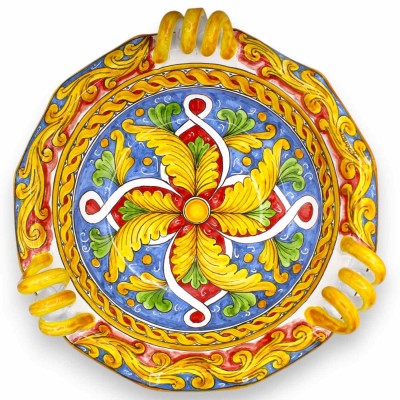 Ozdoba centralna w kształcie muszli z uchwytami z wężowego drewna, ceramika Caltagirone, Ø ok. 38 cm, wstążka, dekoracja barokow