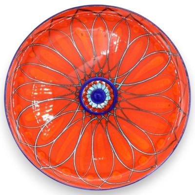 Prato para servir ou pendurar, Ø 30 cm aprox. Cerâmica fina siciliana, decoração geométrica floral, fundo vermelho selênio