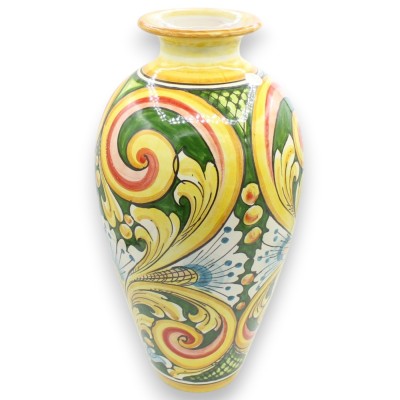 Jarrón de cerámica de Caltagirone, aprox. 40 x 20 cm, decoración floral barroca, fondo verde.
