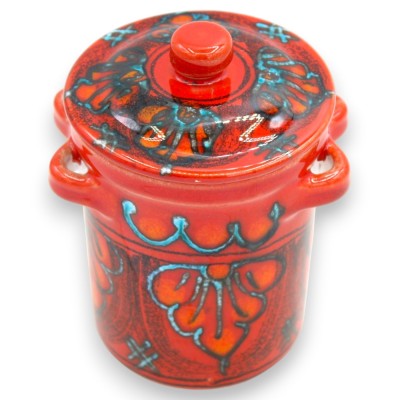 Barattolo Contenitore porta spezie, pregiata ceramica Siciliana, h 12 x 9 cm ca. Rosso Selenio, decoro foglie
