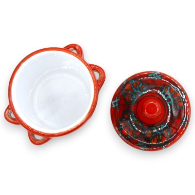 Pot à épices en céramique fine sicilienne, env. 12 x 9 cm. Rouge sélénium, décor de feuilles.