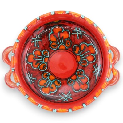 Appetizer dish with handles, fine Sicilian ceramic, h 6 x 16 x 19 cm approx. Selenium red, flower decoration