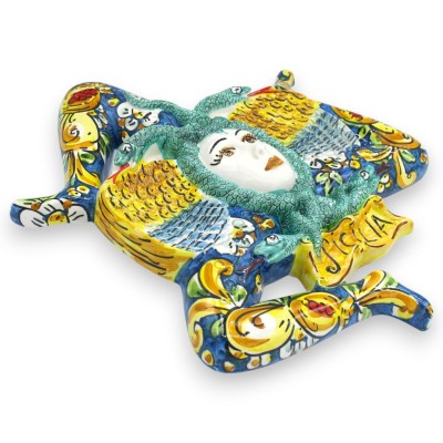 Caltagirone keramische Trinacria, ca. 38 x 38 cm, blauwe achtergrond, decoratie met citroen en granaatappel.
