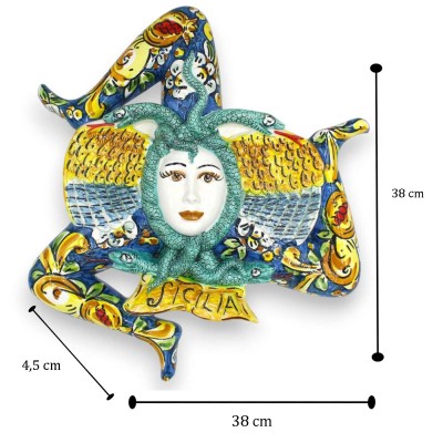 Caltagirone ceramic Trinacria, approx. 38 x 38 cm, blue background, Lemon and Pomegranate decoration