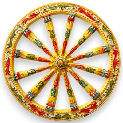Sizilianisches Wagenrad, Caltagirone-Keramik, Ø ca. 44 cm. Barockdekor, gelber Hintergrund.